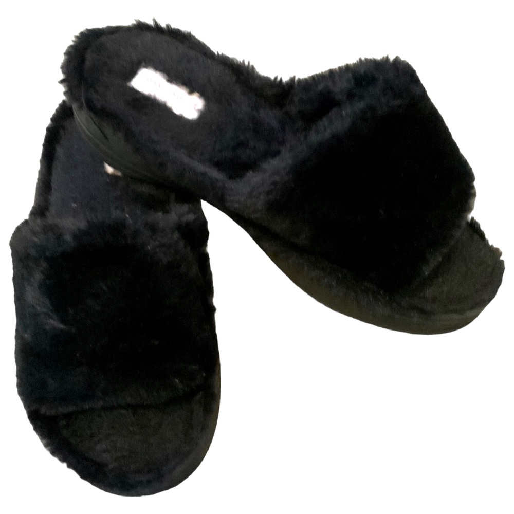 Easy Spirit Slippers Black Furry Slides Open Toe Rubber Sole Size 7.5 Wide